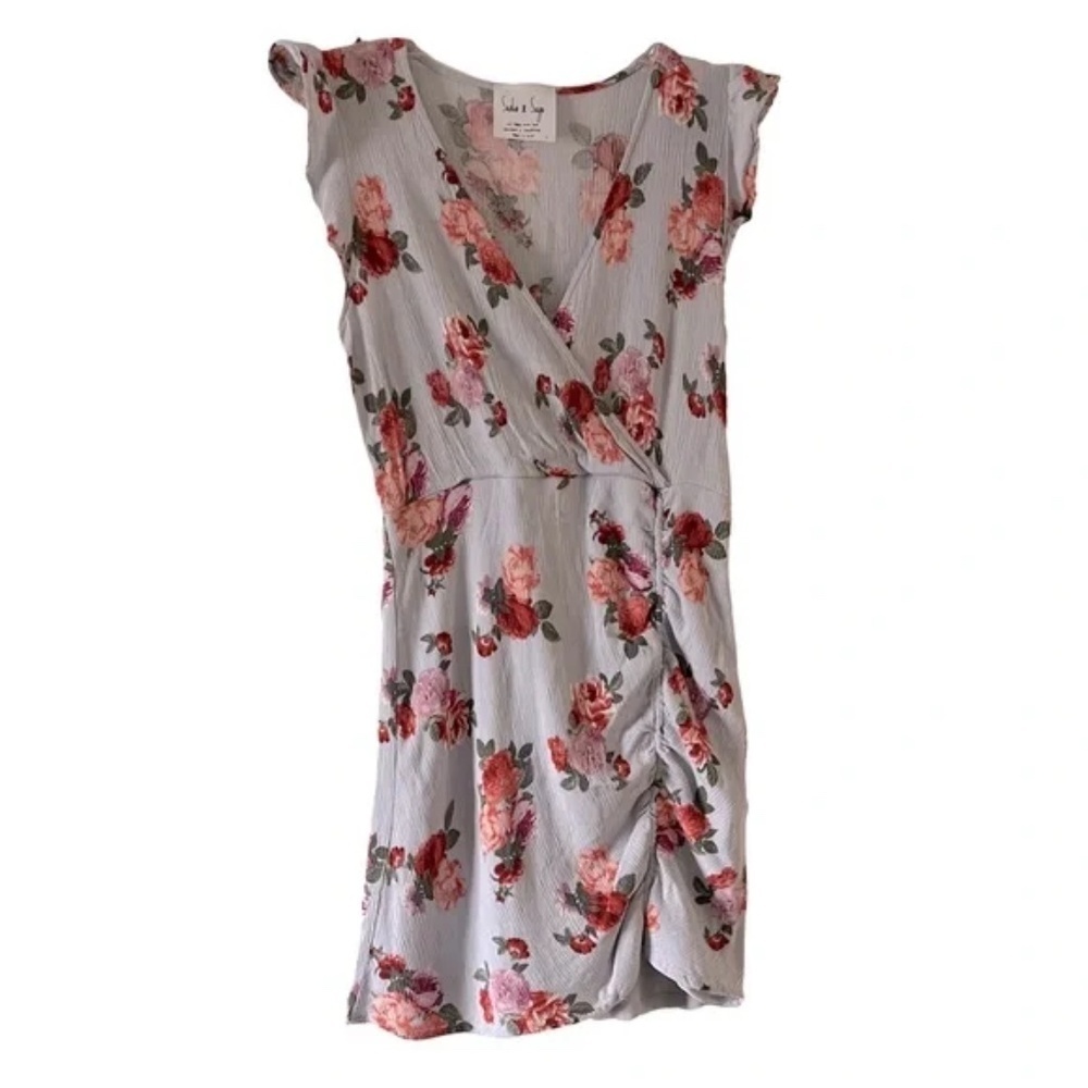 Sadie & Sage | Gray Grandma Floral Crepe Ruched Mini Dress, Large